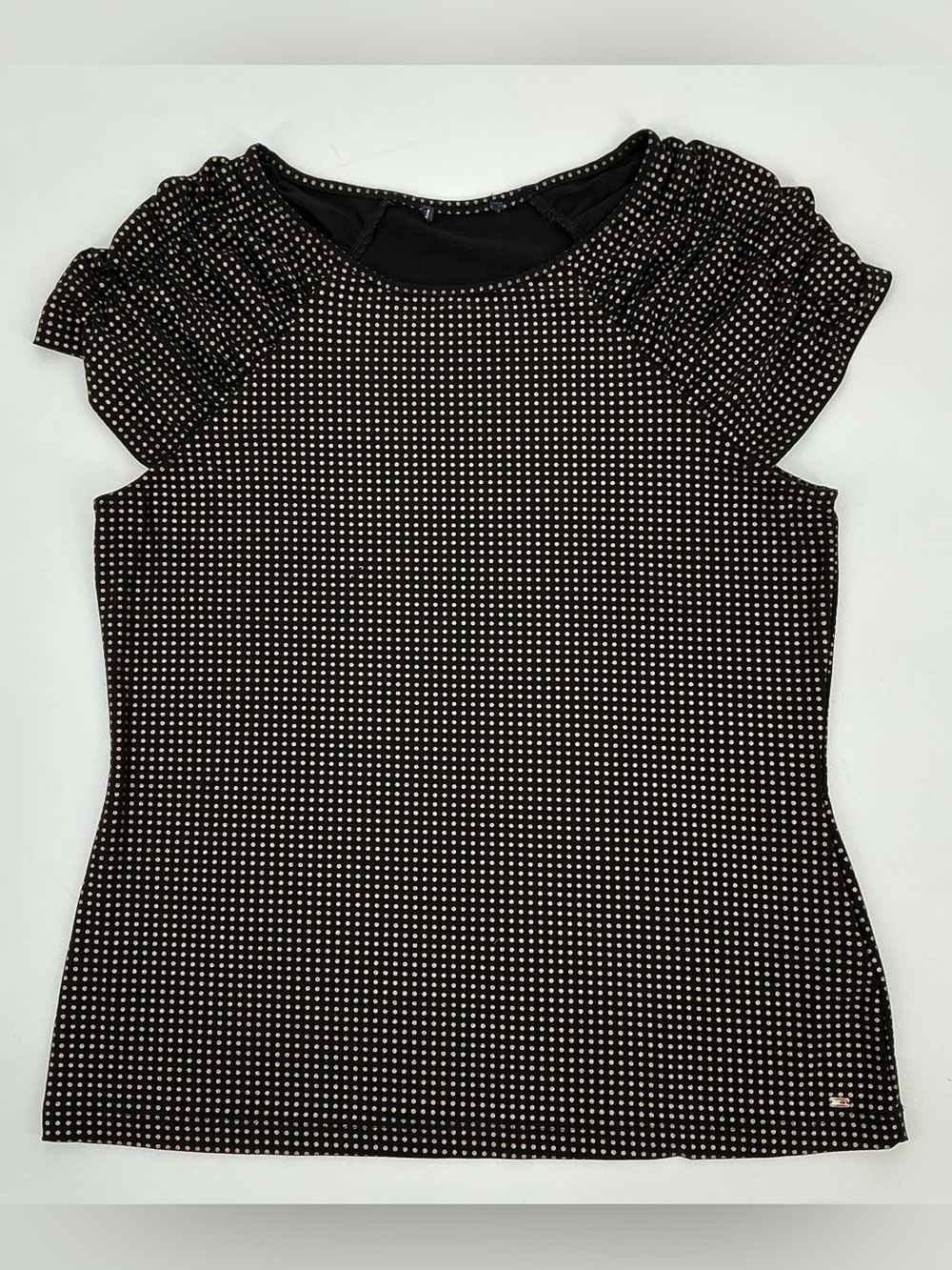 Tommy Hilfiger Black with Gold Polk a Dot Pattern and Ruffle Sleeves Blouse